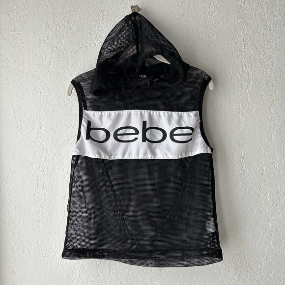Bebe Sport Women’s Small Mesh Hoodie Sleeveless Tank Top Black White Y2K Street - Picture 1 of 9